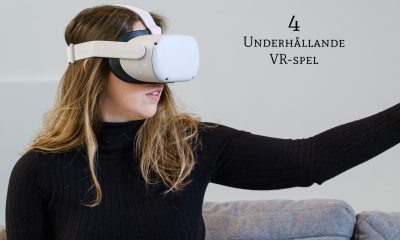 Kvinna med VR-headset och texten: 4 Underhållande VR-spel